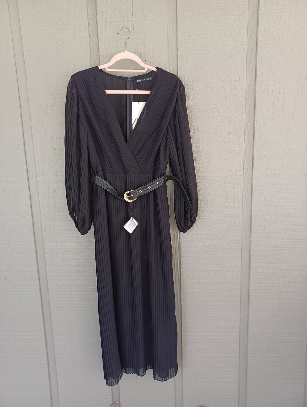 Zara Pleated Belted Dress Size L Women Long Sleeve V Neck In Black Feminine